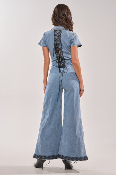 Denim Lace-Up Flare Jumpsuit