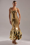 Gold Sequin Mermaid Gown with Disc Fringe Hem