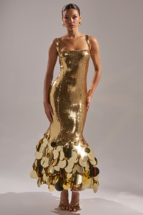 Gold Sequin Mermaid Gown with Disc Fringe Hem