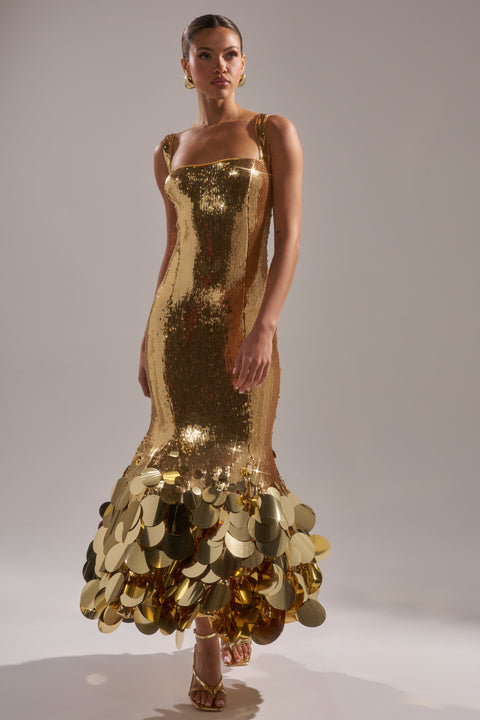 Gold Sequin Mermaid Gown with Disc Fringe Hem