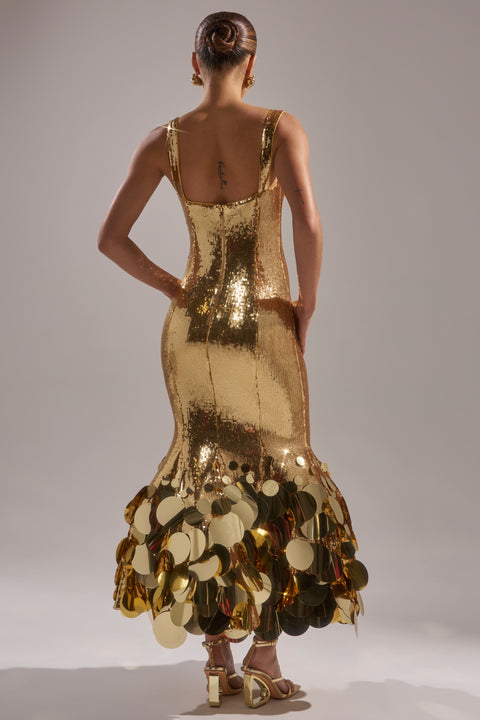 Gold Sequin Mermaid Gown with Disc Fringe Hem