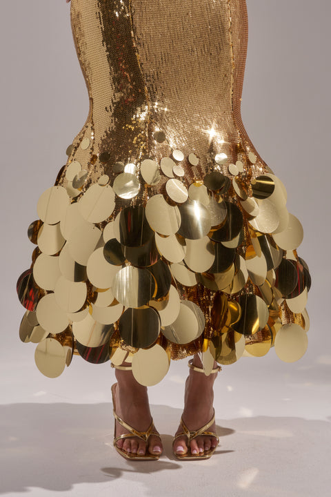 Gold Sequin Mermaid Gown with Disc Fringe Hem