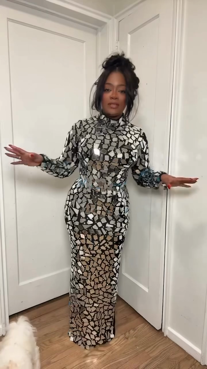 Silver Mirror Mosaic High-Neck Maxi Dress