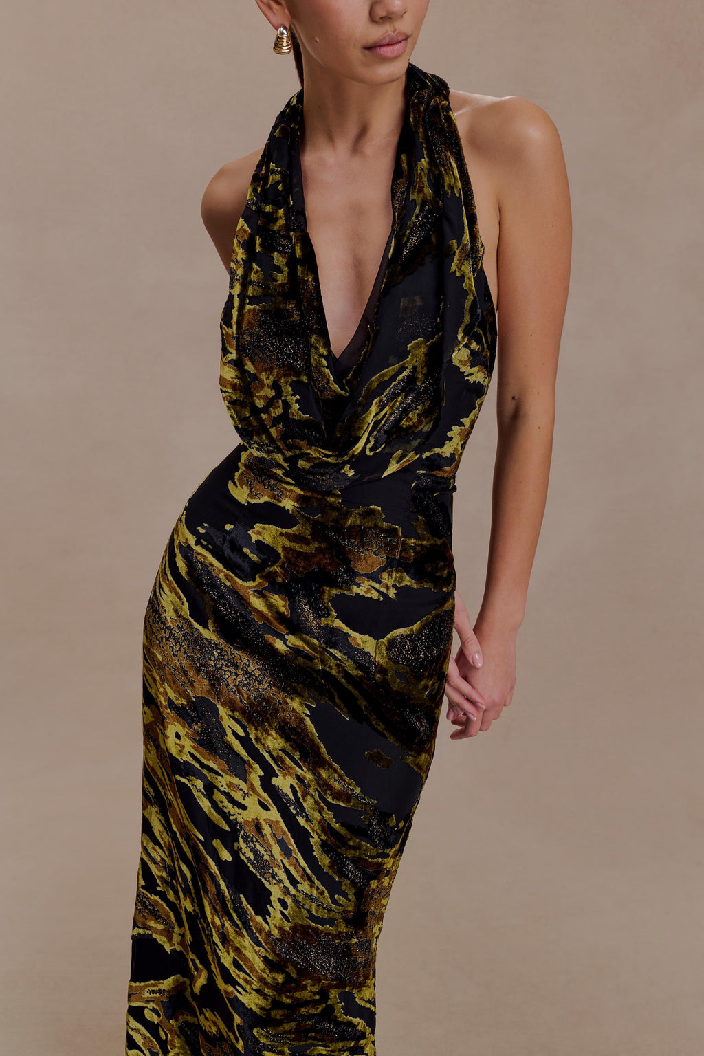 Black & Gold Velvet Abstract Print Halter Maxi Dress