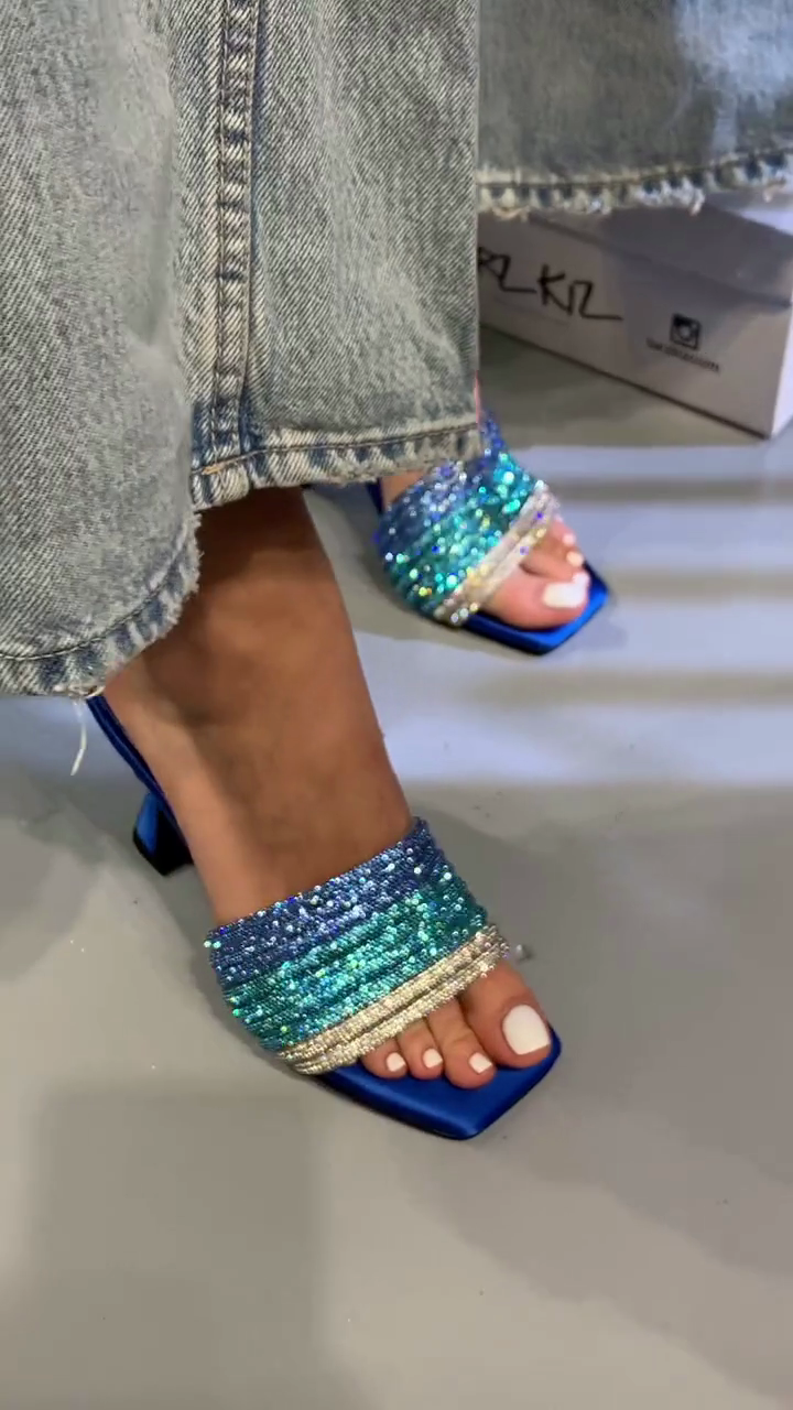Gradient Crystal Block Heel Mules