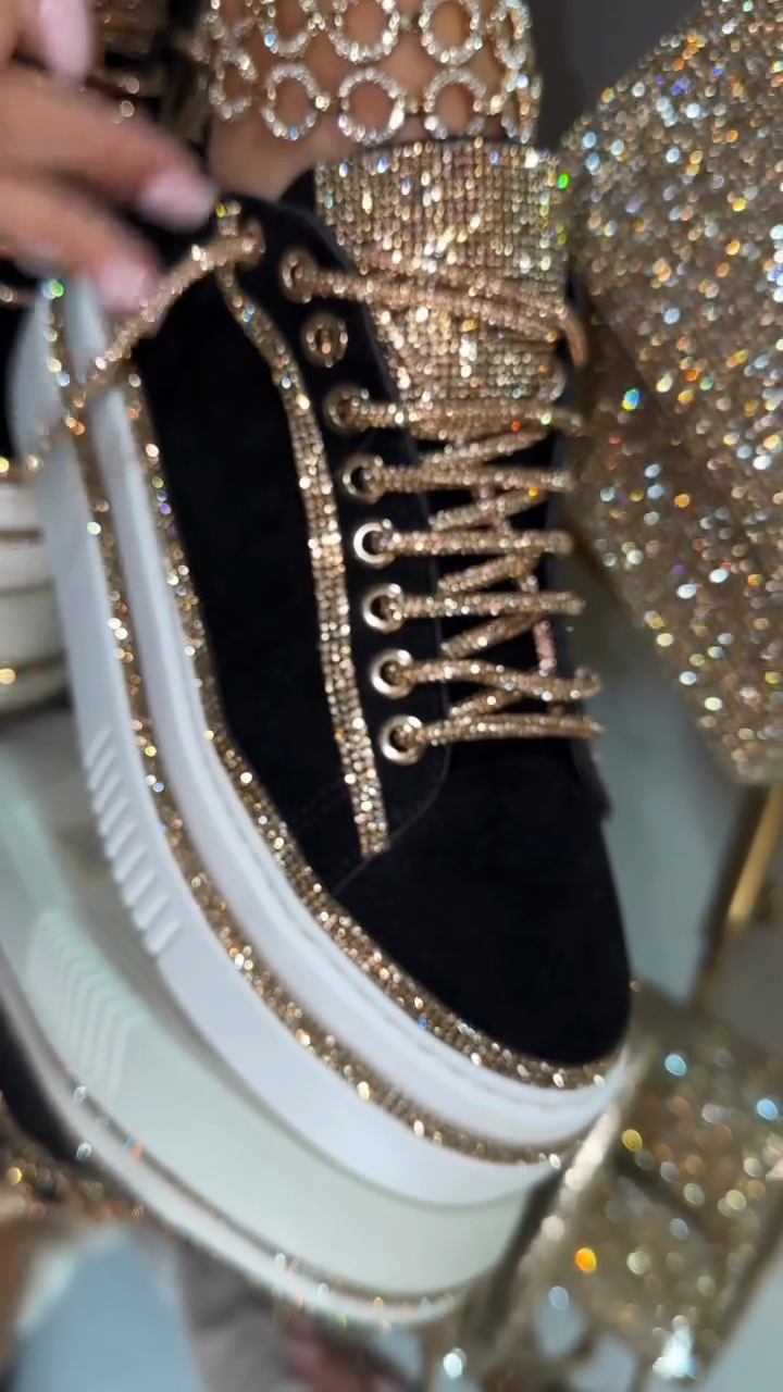 Black Velvet & Gold Crystal-Embellished Platform Sneakers