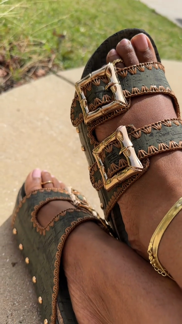 Olive Green Cork-Textured Platform Slide Sandals