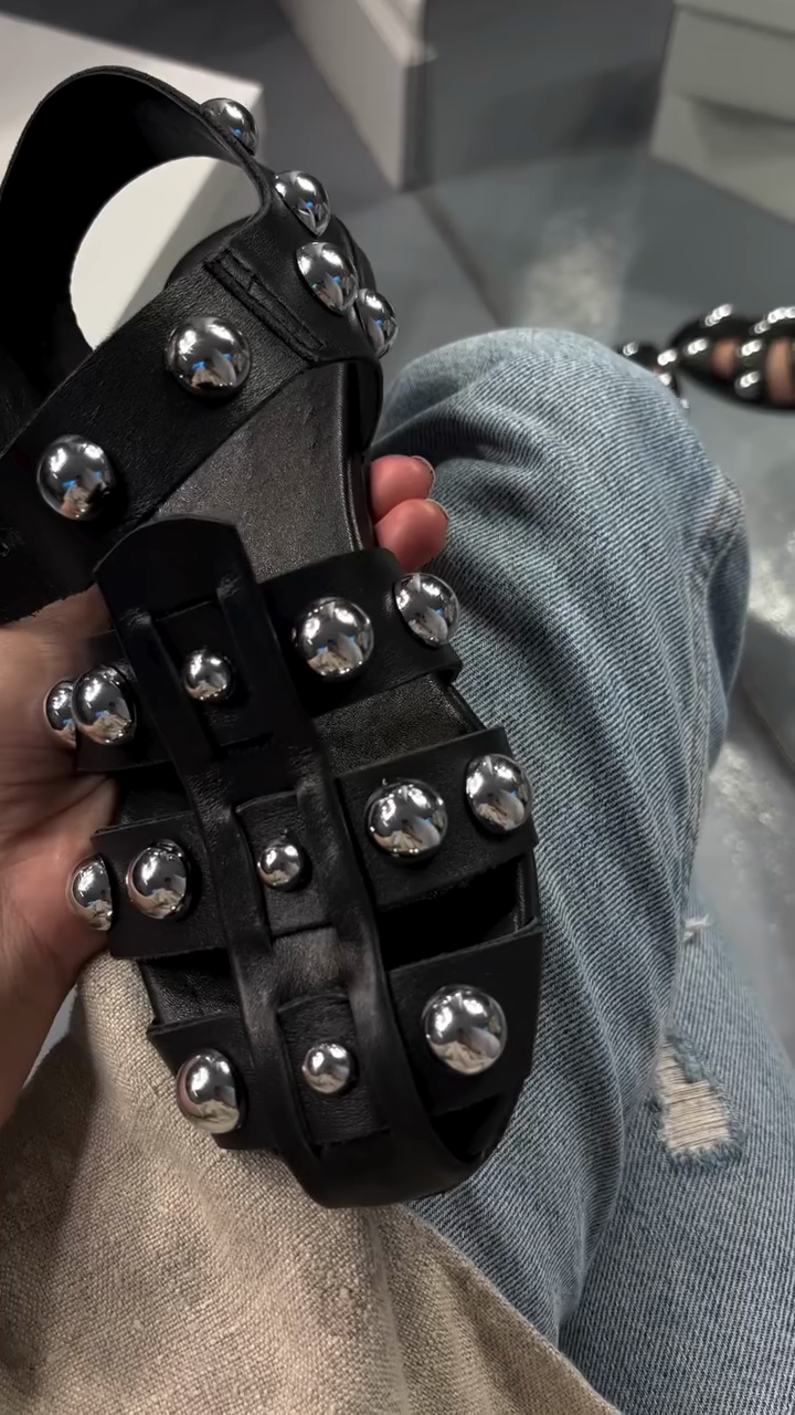 Black Leather Studded Gladiator Sandals