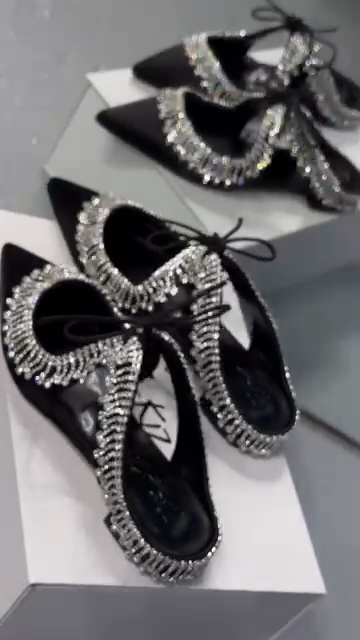 Black Satin Crystal-Embellished Pointed-Toe Mules