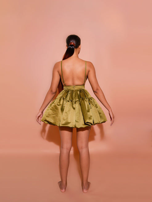 Olive Green Satin Tiered Mini Dress