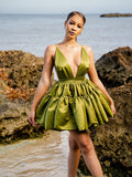 Olive Green Satin Tiered Mini Dress