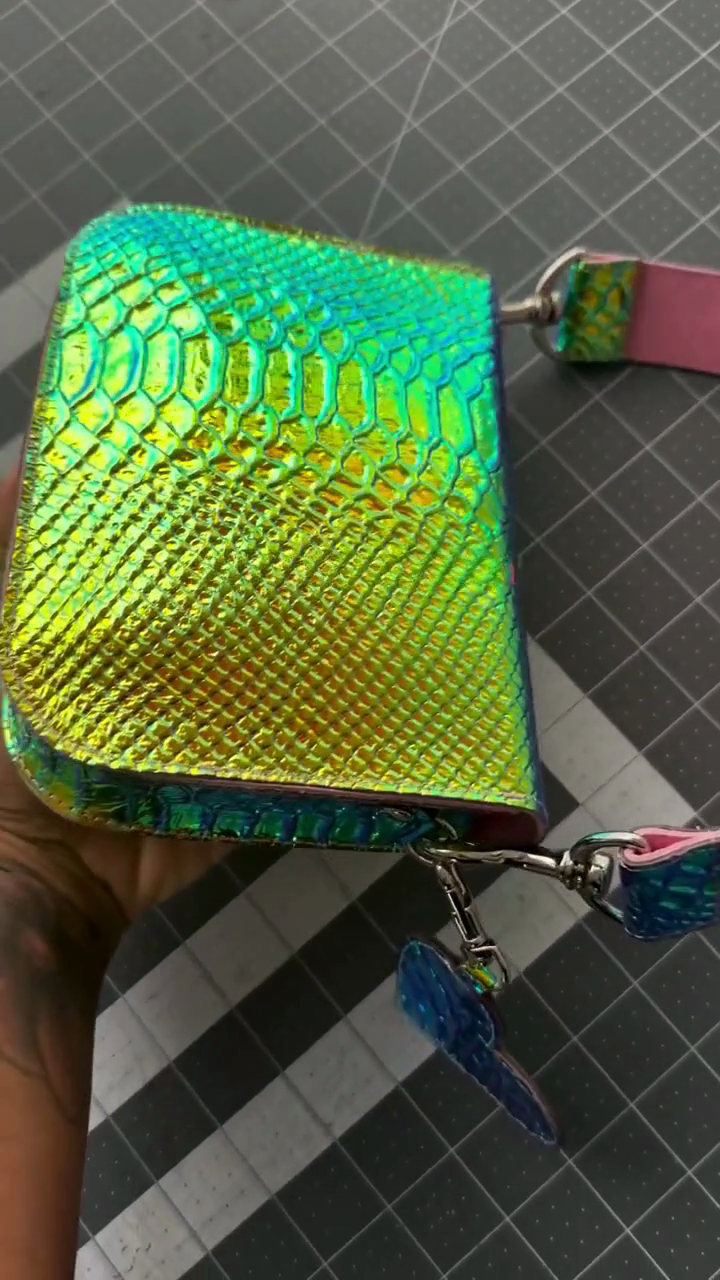 Holographic Iridescent Snake Print Saddle Bag with Heart Charm