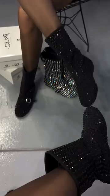 Black Full Crystal Embellished Ankle Boots