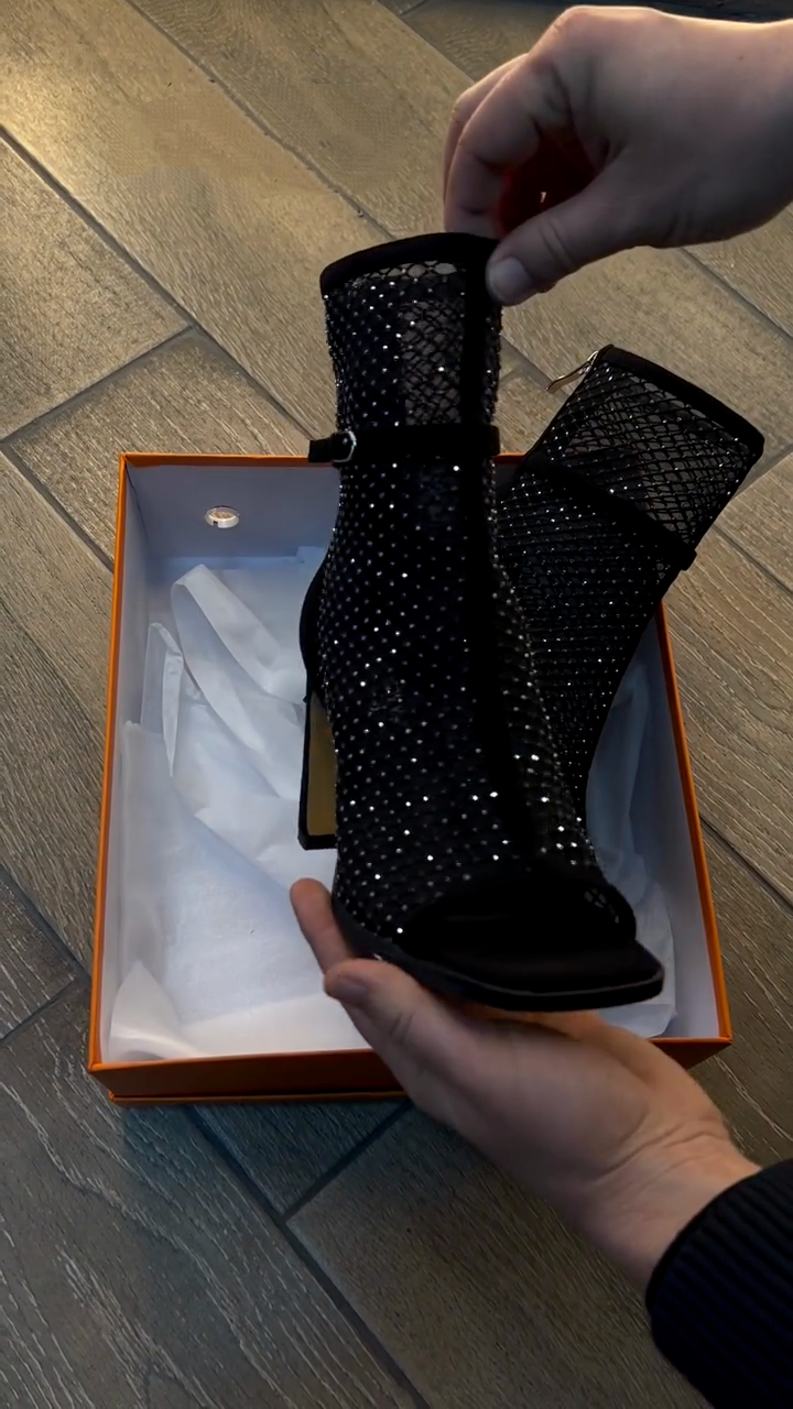 Black Rhinestone Mesh Peep-Toe Ankle Boots