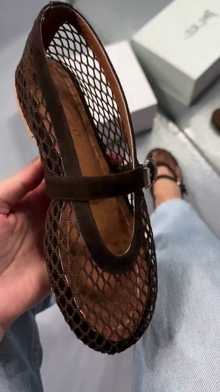 Brown Mesh Mary Jane Flat Shoes