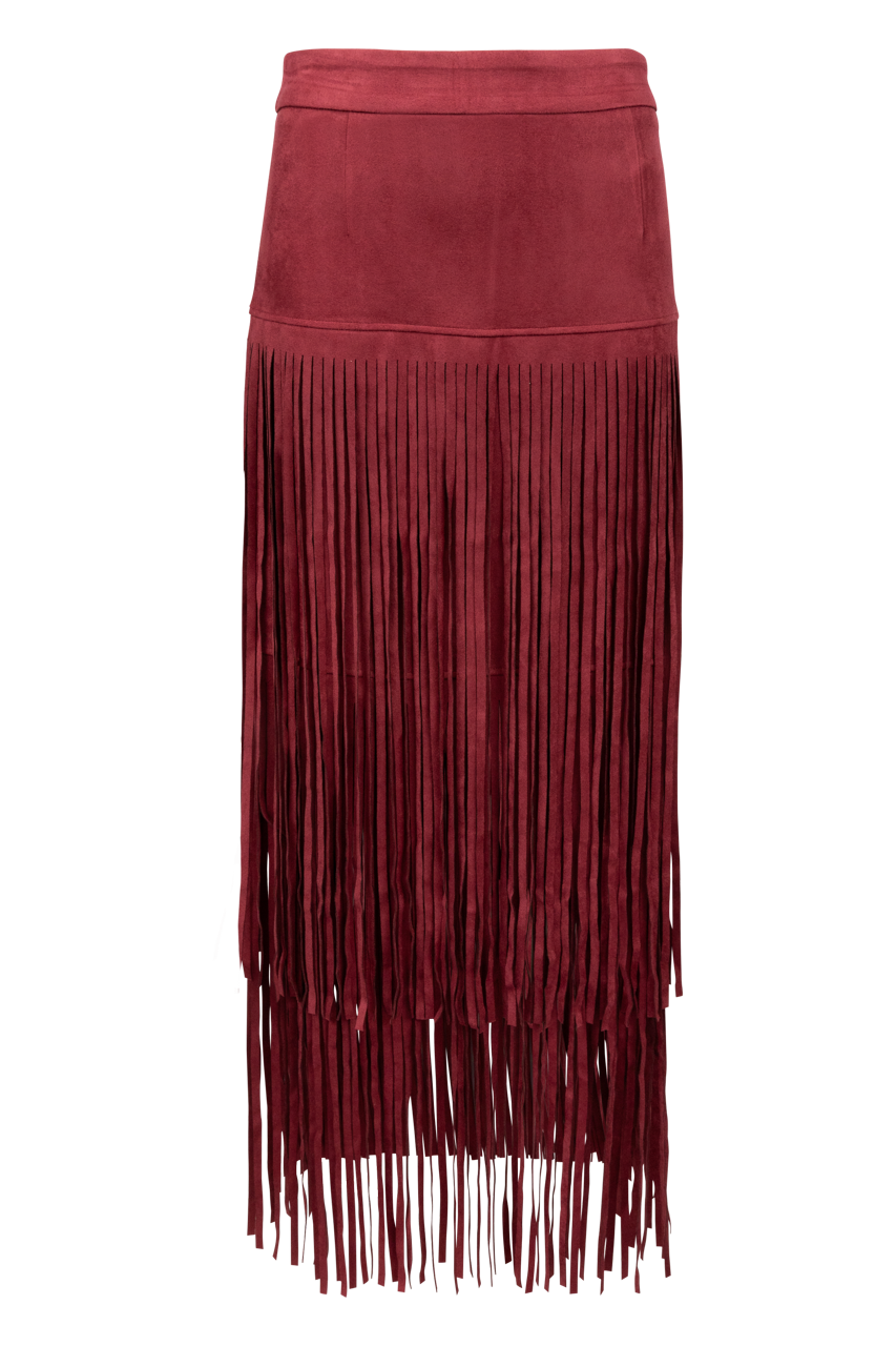 Taupe Faux Suede Tiered Fringe Midi Skirt