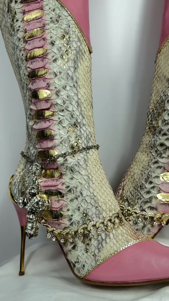 Luxury Python Snakeskin & Leather Crystal Embellished Knee-High Stiletto Boots