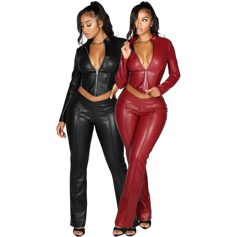 Faux Leather Zip-Front Two-Piece Set
