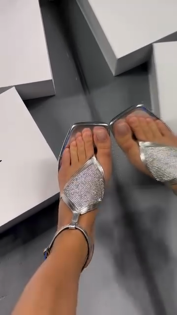Silver Crystal-Embellished Square-Toe Thong Sandals