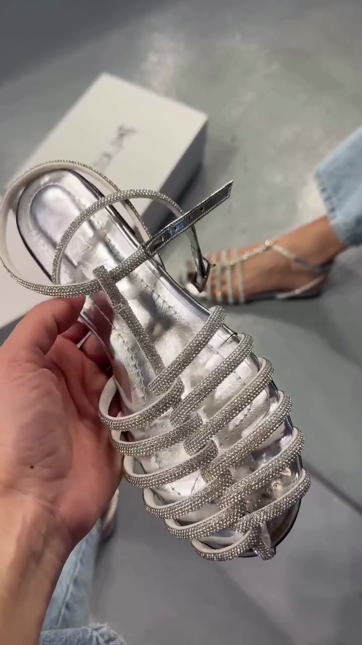 Silver Rhinestone-Embellished Caged Flat Sandals