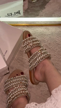 Nude Mesh Multi-Tier Pearl & Crystal Embellished Flat Sandals