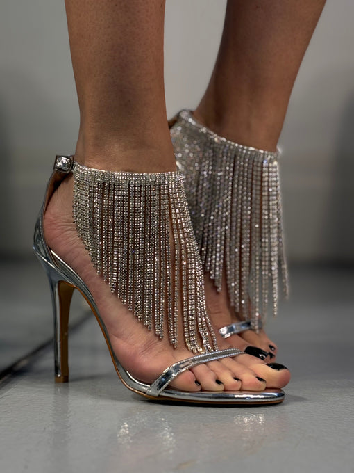 Silver Crystal Fringe Stiletto Sandals