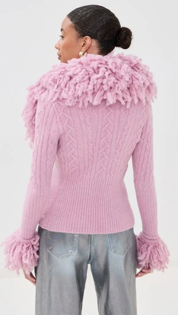 Blush Pink Faux Shearling Collar Tie-Front Knit Cardigan
