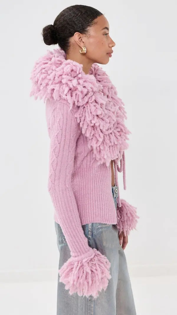 Blush Pink Faux Shearling Collar Tie-Front Knit Cardigan