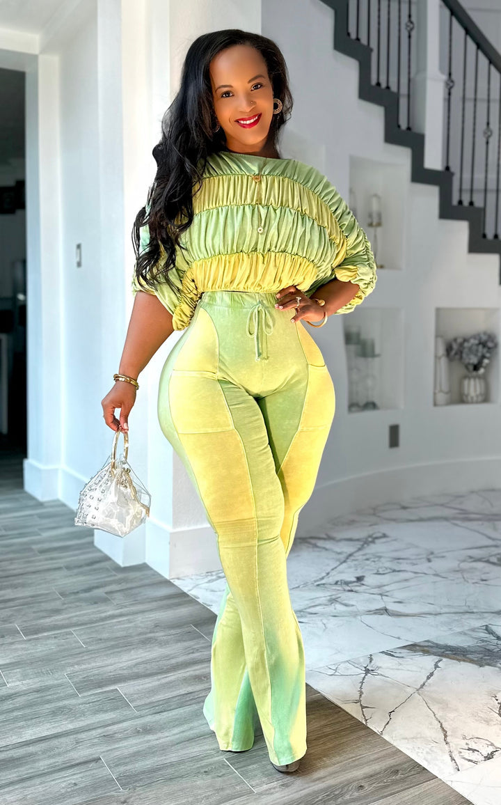 Lime Green Gradient Ruched Two-Piece Set