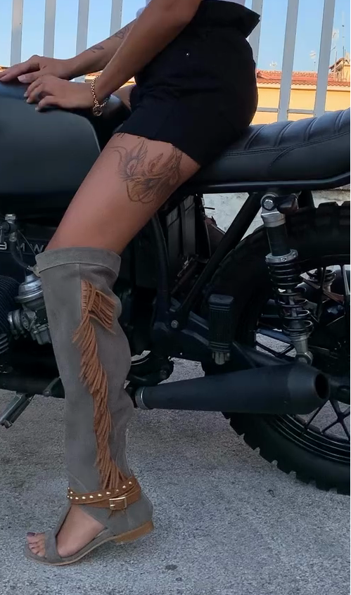Gray Suede Fringe Over-the-Knee Sandal Boots