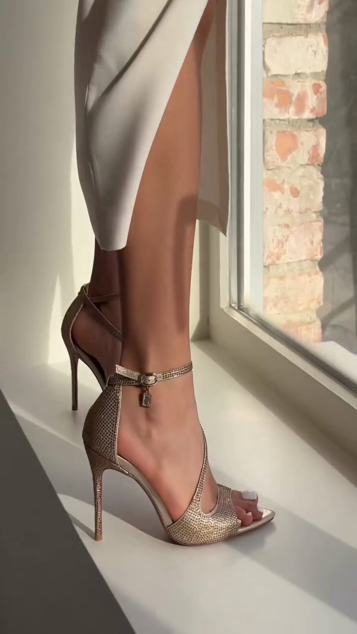 Rose Gold Crystal-Embellished Peep-Toe Heels