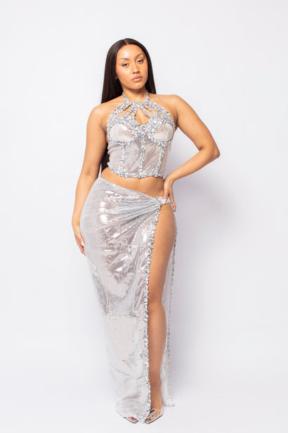 Silver Metallic Halter Two-Piece Set