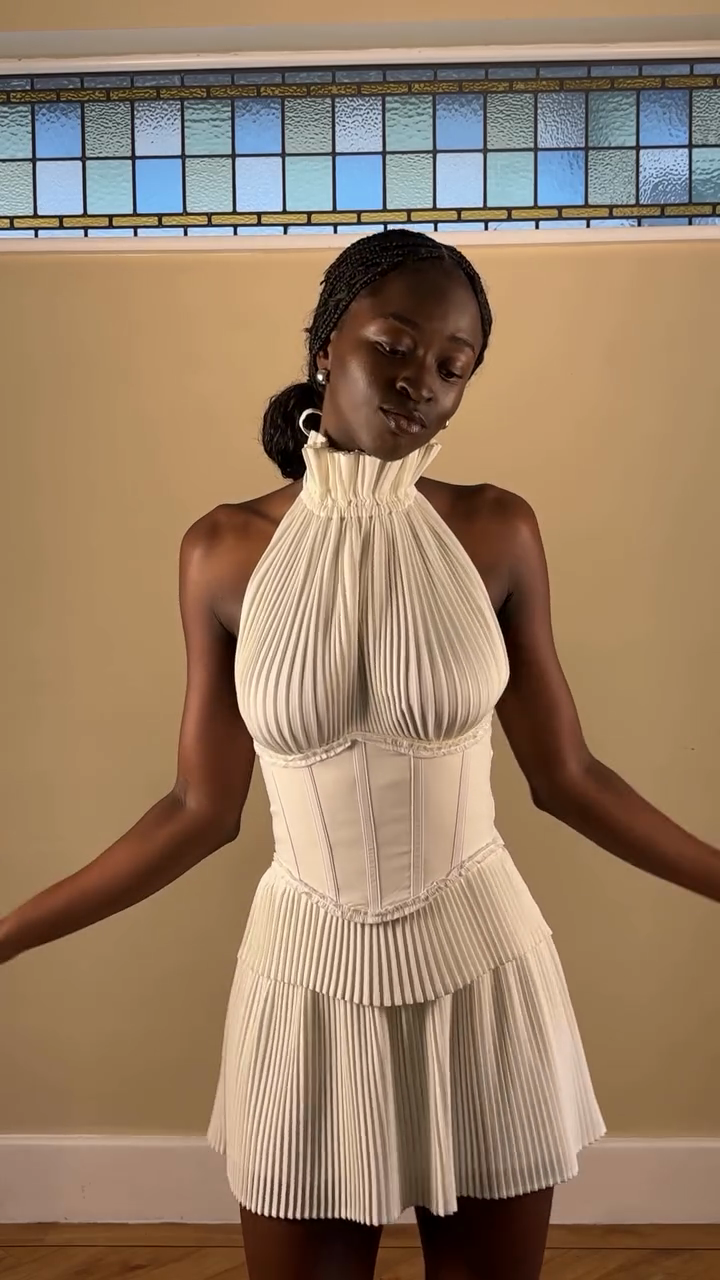 White Pleated Halter Corset Mini Dress
