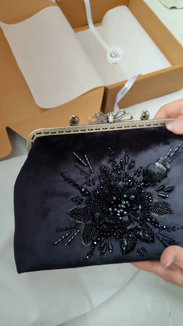 Black Velvet Hand-Beaded 3D Floral Frame Clutch Bag