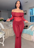 Burgundy Off-Shoulder Ruched Flare Jumpsuit