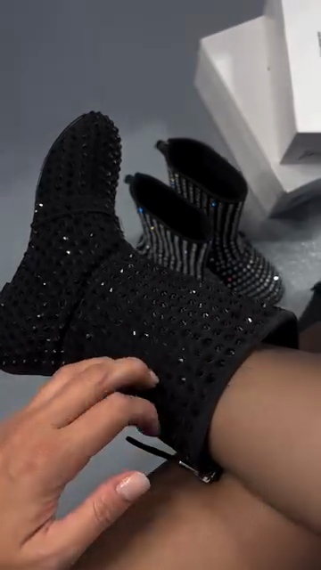 Black Full Crystal Embellished Ankle Boots