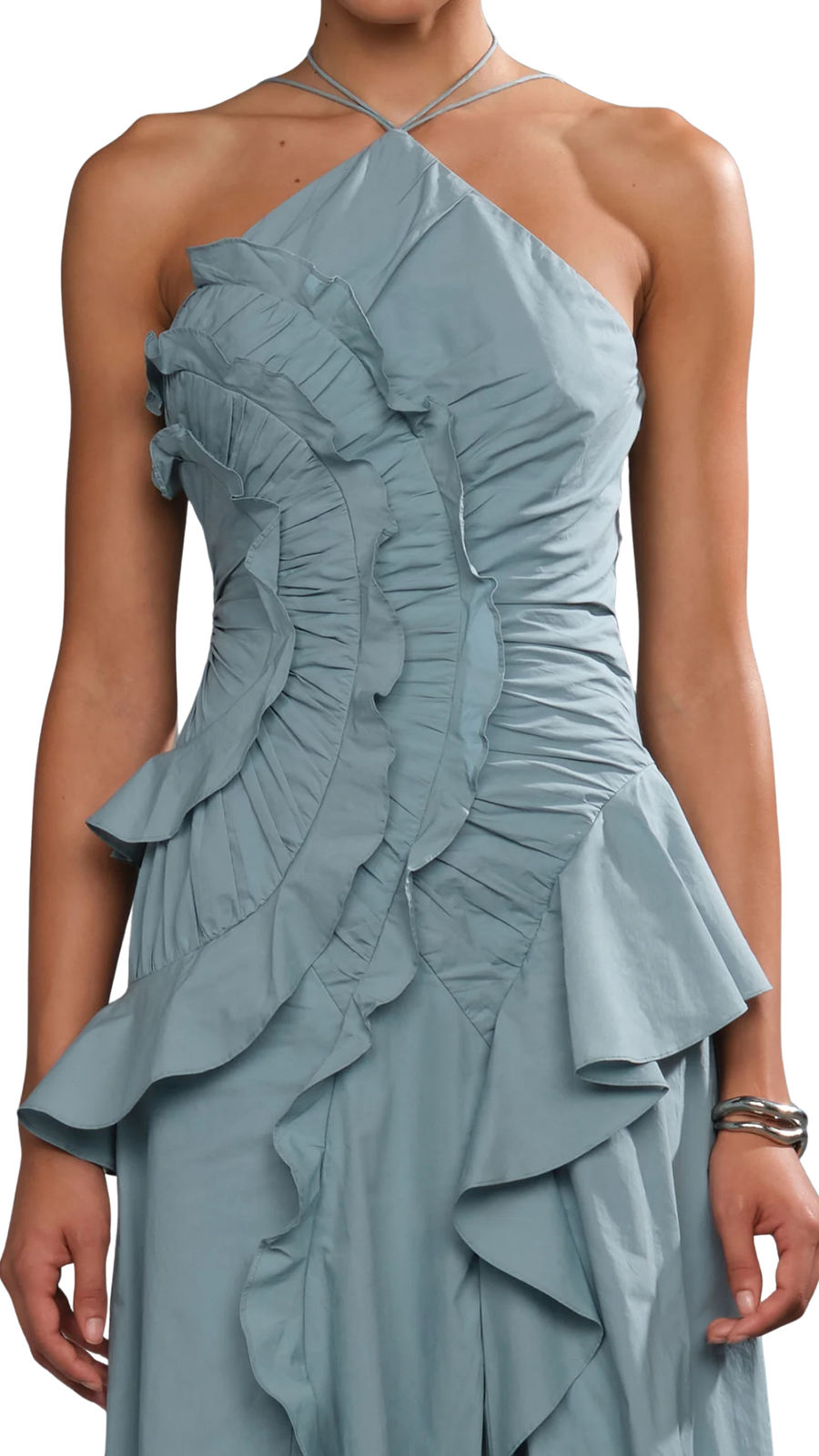 Dusty Blue Ruffled Halter Maxi Dress