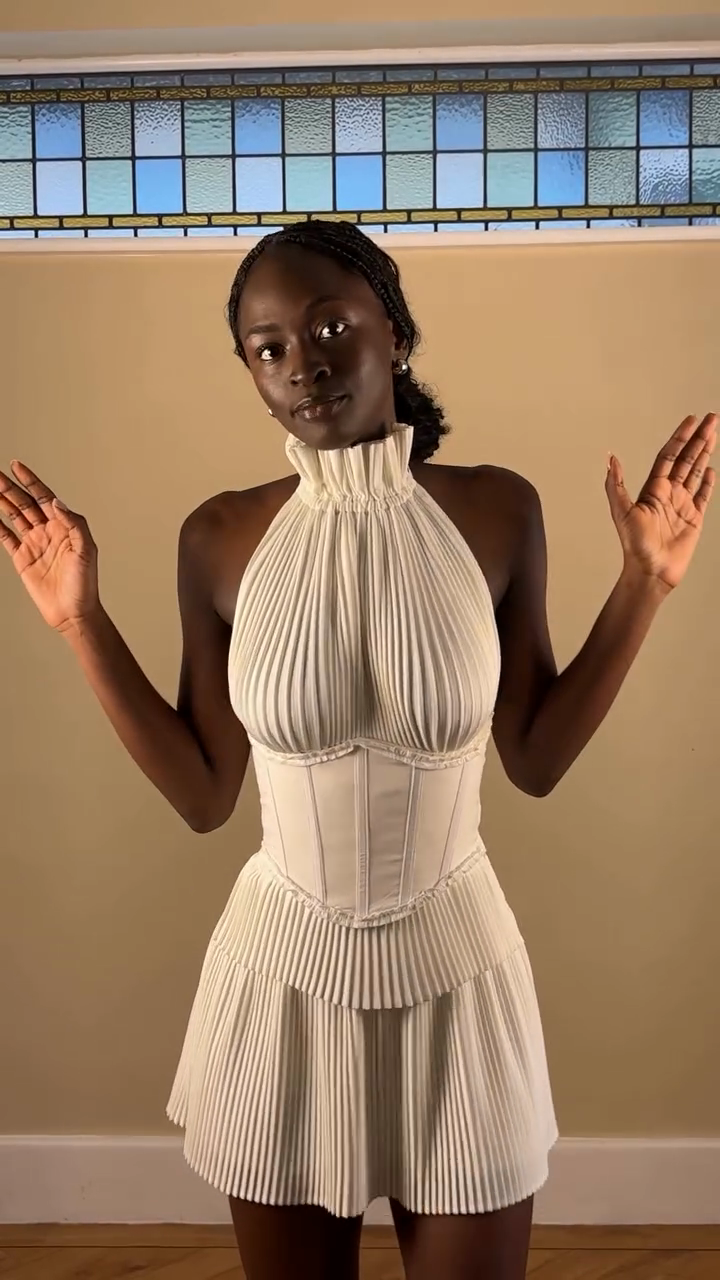 White Pleated Halter Corset Mini Dress