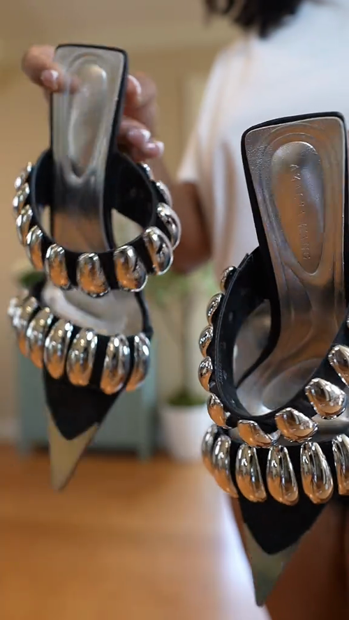Black Pointed-Toe Silver Studded Mule Heels