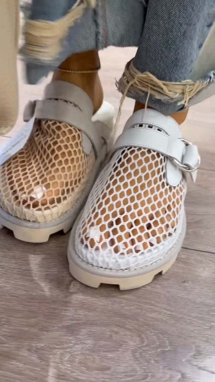 Light Gray Mesh Chunky Clogs with Adjustable Buckle
