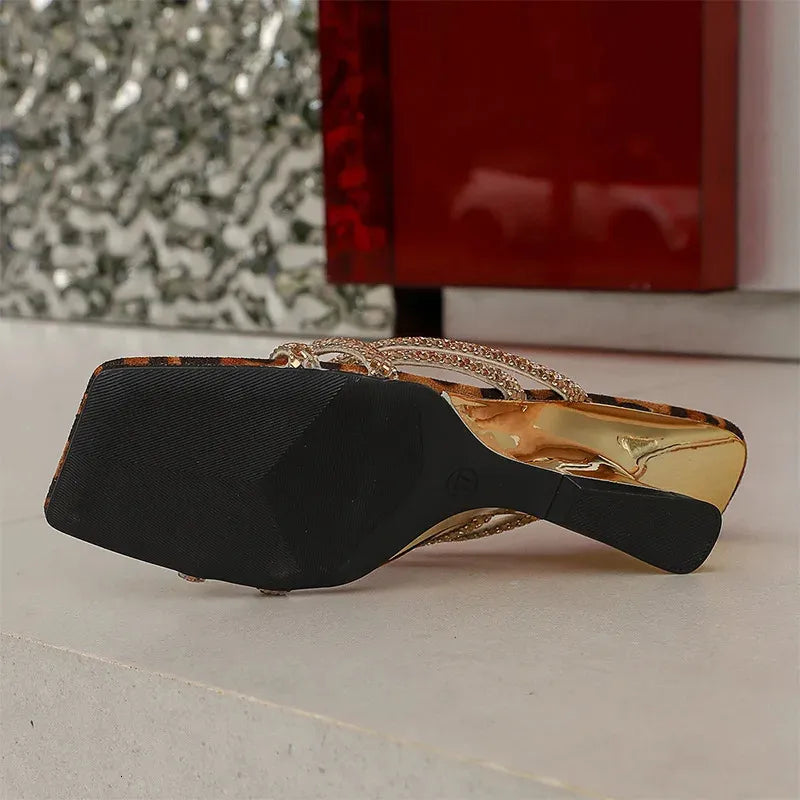 Leopard Print Crystal-Embellished Sculptural Heel Mules