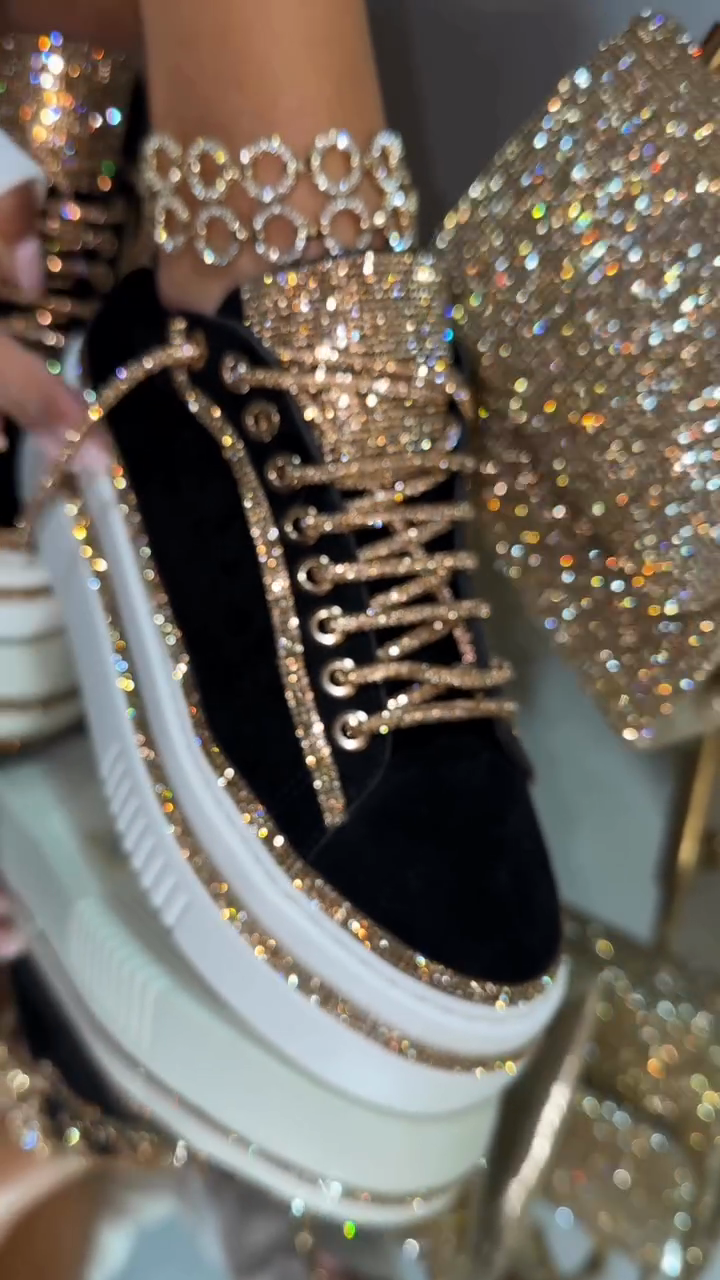 Black Velvet & Gold Crystal-Embellished Platform Sneakers