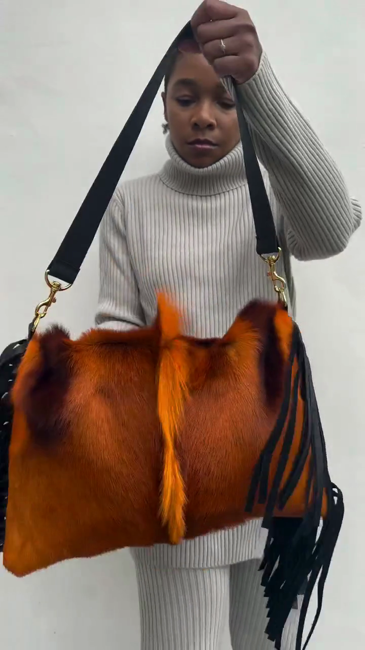 Orange Cowhide Fringe Clutch Bag