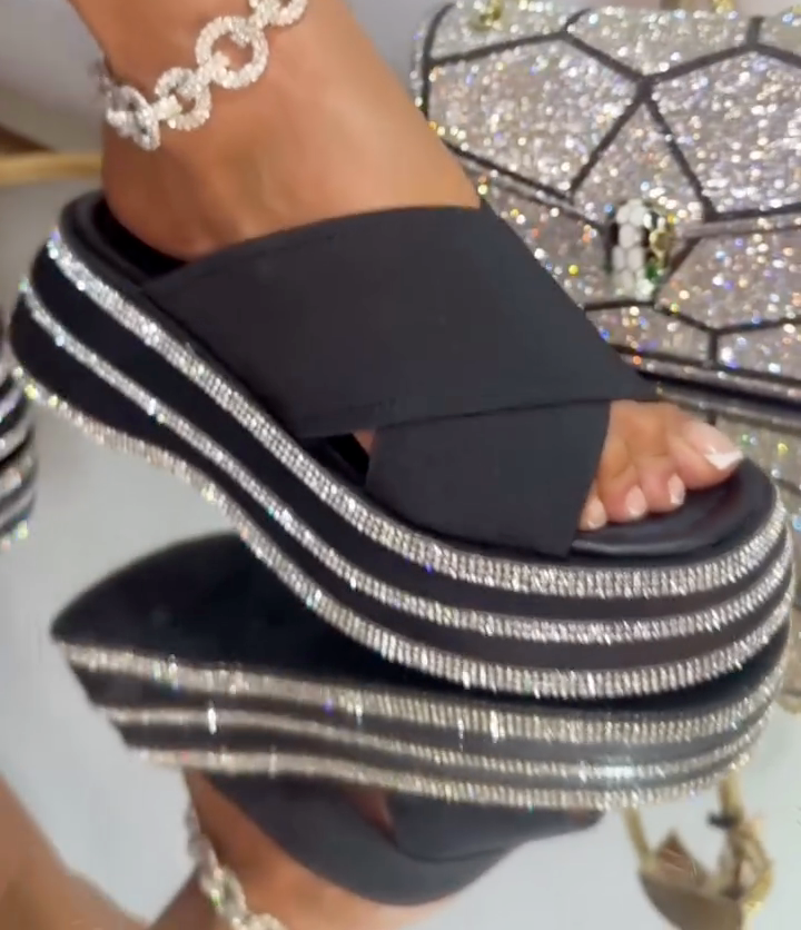 Black Rhinestone-Embellished Platform Slide Sandals