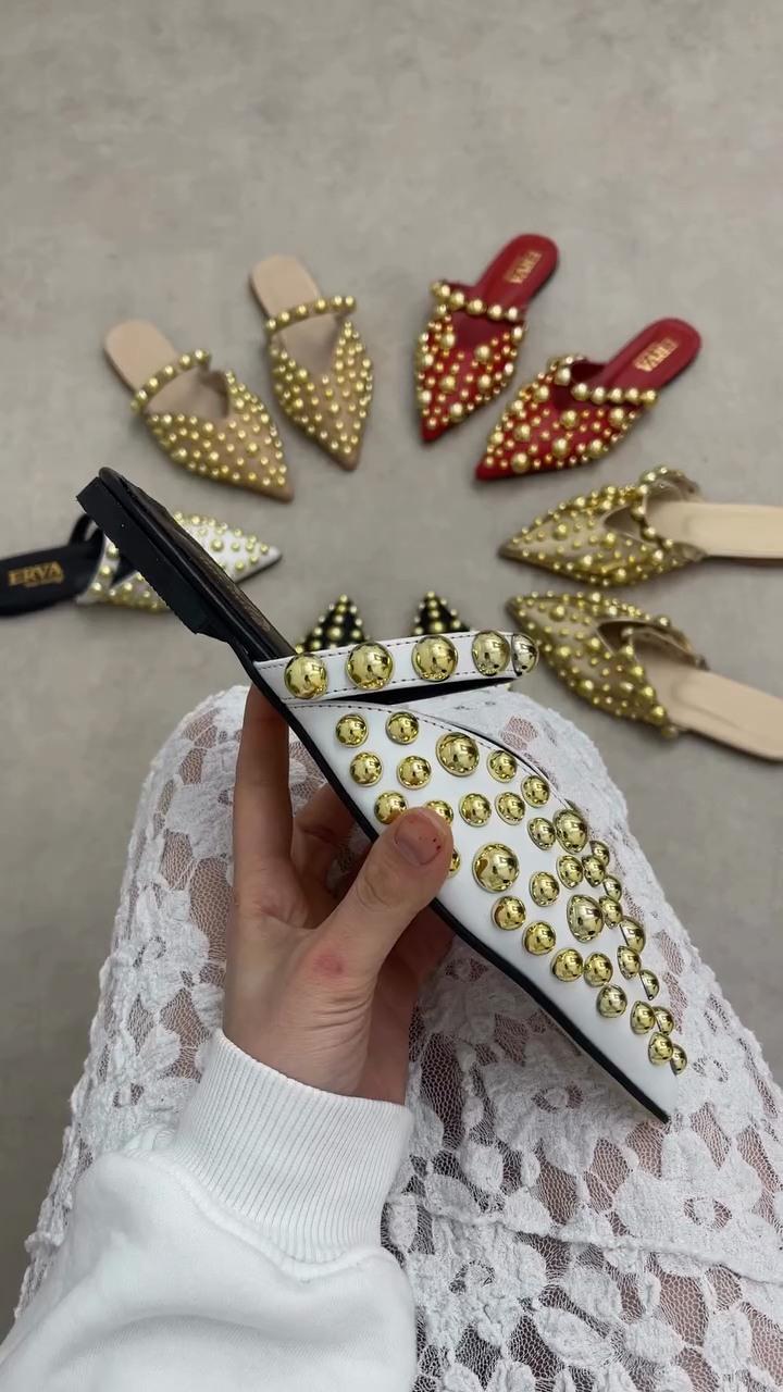 Gold Studded Pointed-Toe Mule Sandals