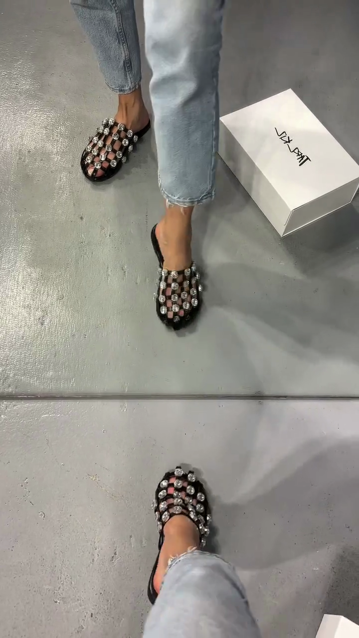 Black Crystal-Embellished Woven Slide Sandals