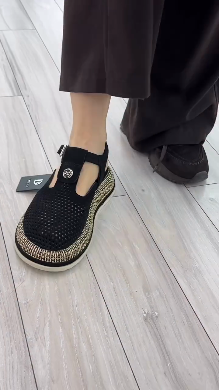 Black Mesh Espadrille-Style Sandals with Buckle Strap