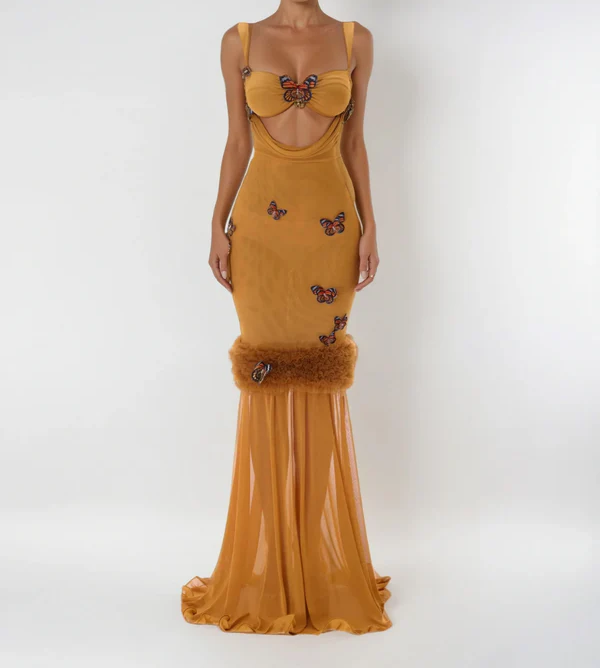 Mustard Butterfly Embellished Cutout Mermaid Gown