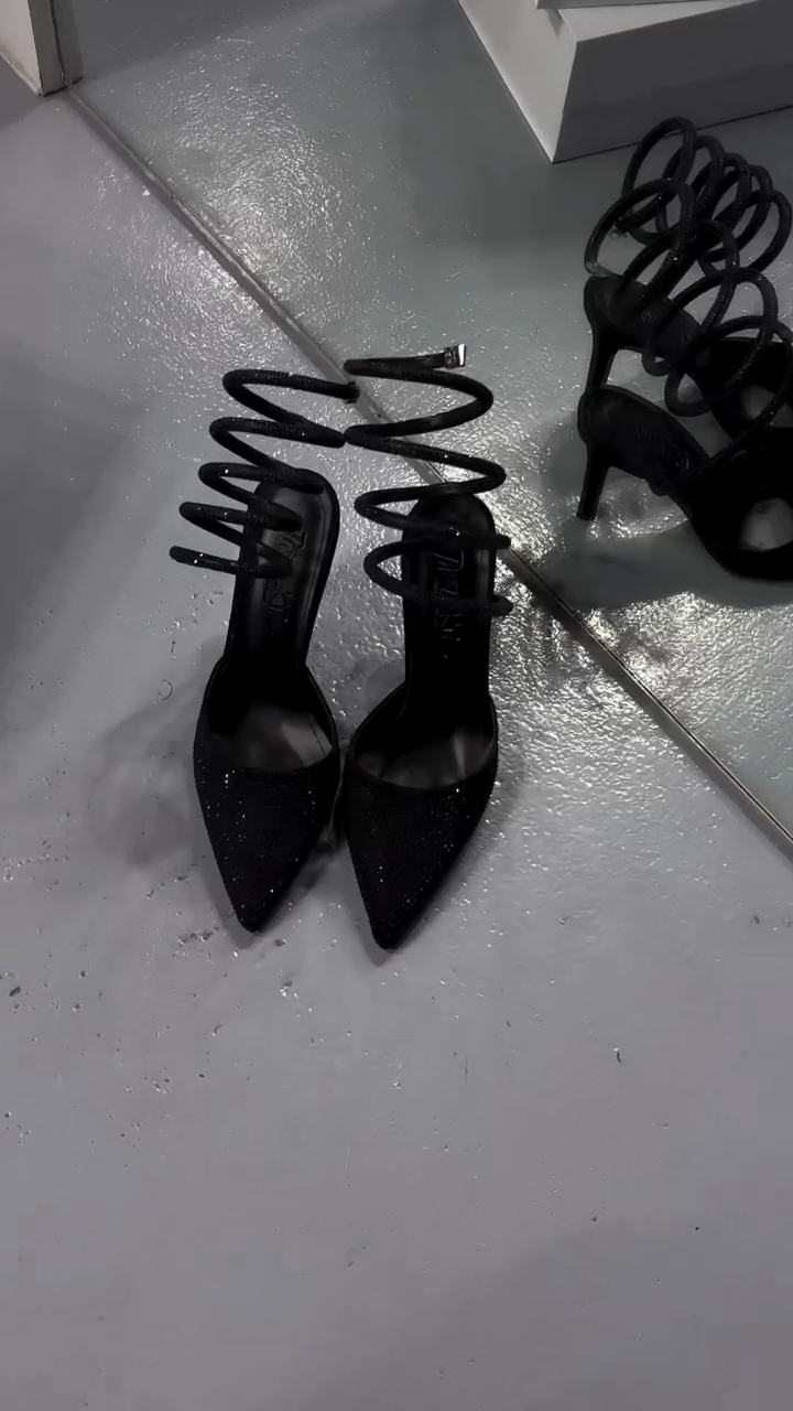 Black Rhinestone Coiled Snake Ankle Strap Pointed-Toe Stiletto Heels