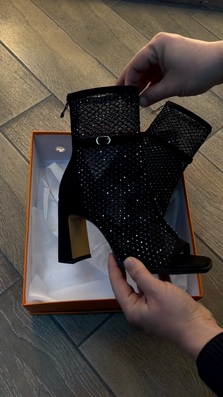 Black Rhinestone Mesh Peep-Toe Ankle Boots